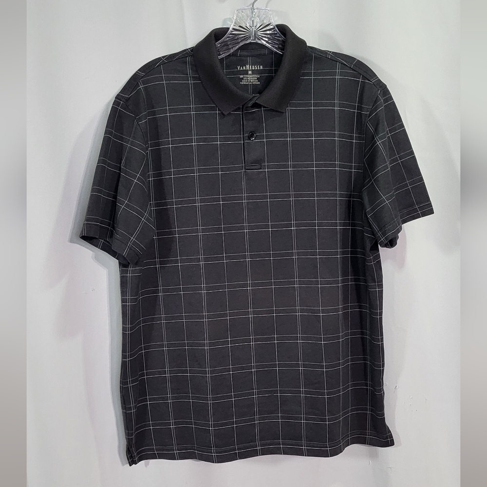 Van Heusen Men's Gray Striped Windowpane 2 Button Short Sleeve Polo Shirt Medium - Picture 2 of 6